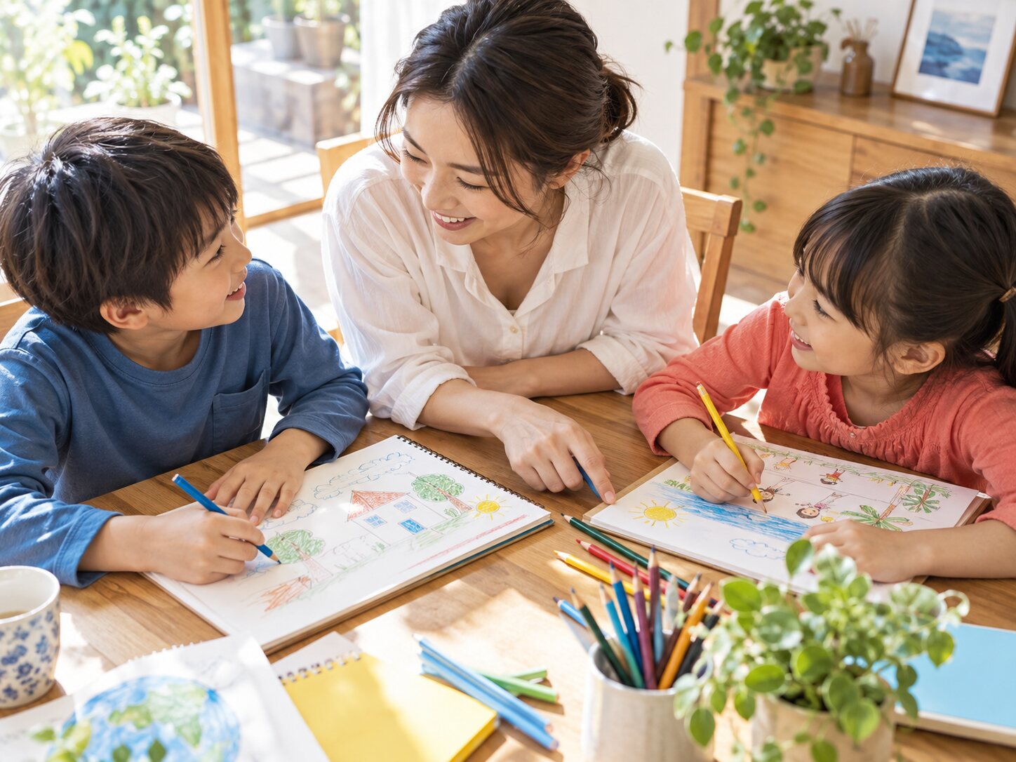 家庭で子どもたちと創作を楽しむ母親