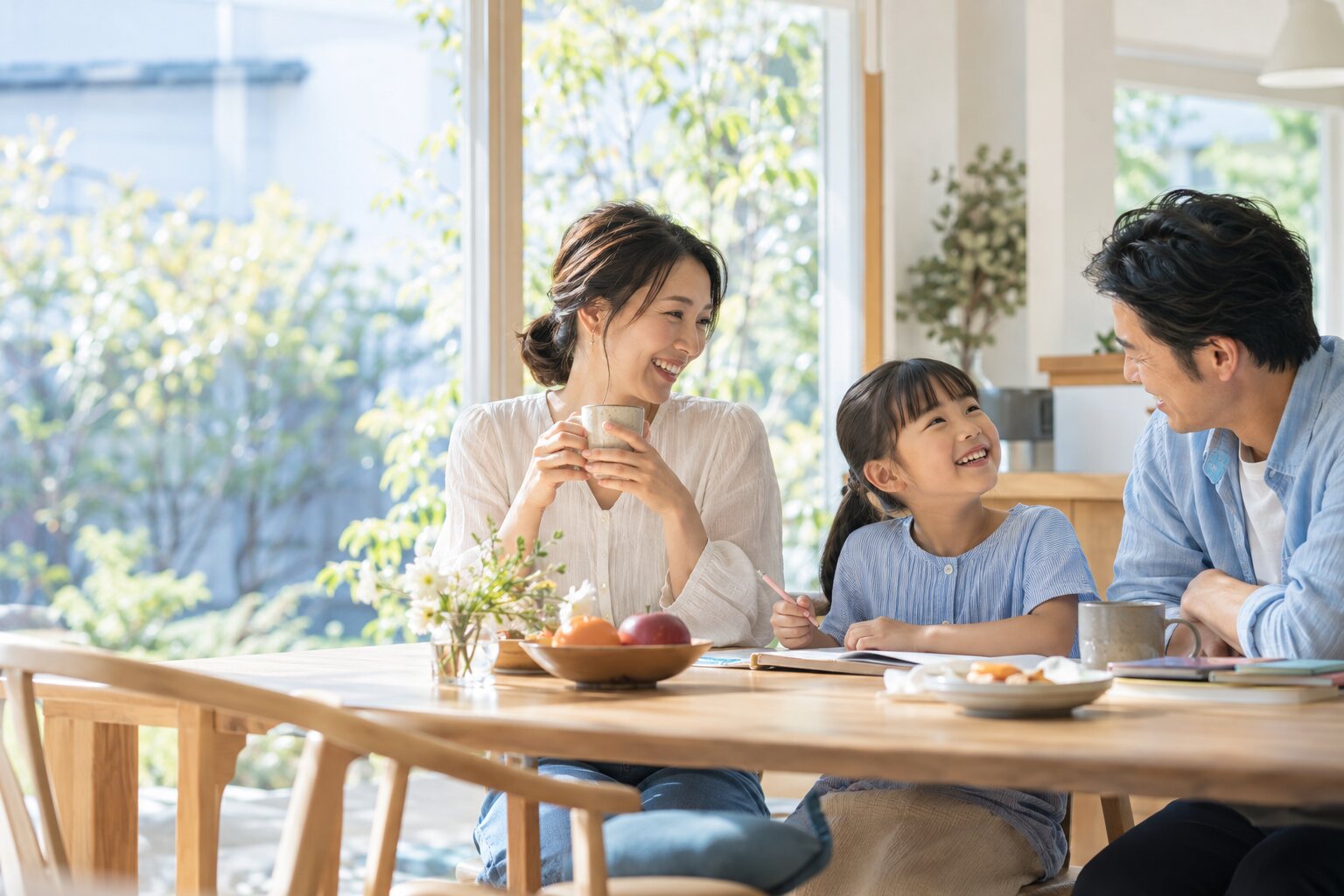 明るい食卓で会話を楽しむ父親、母親、子ども
